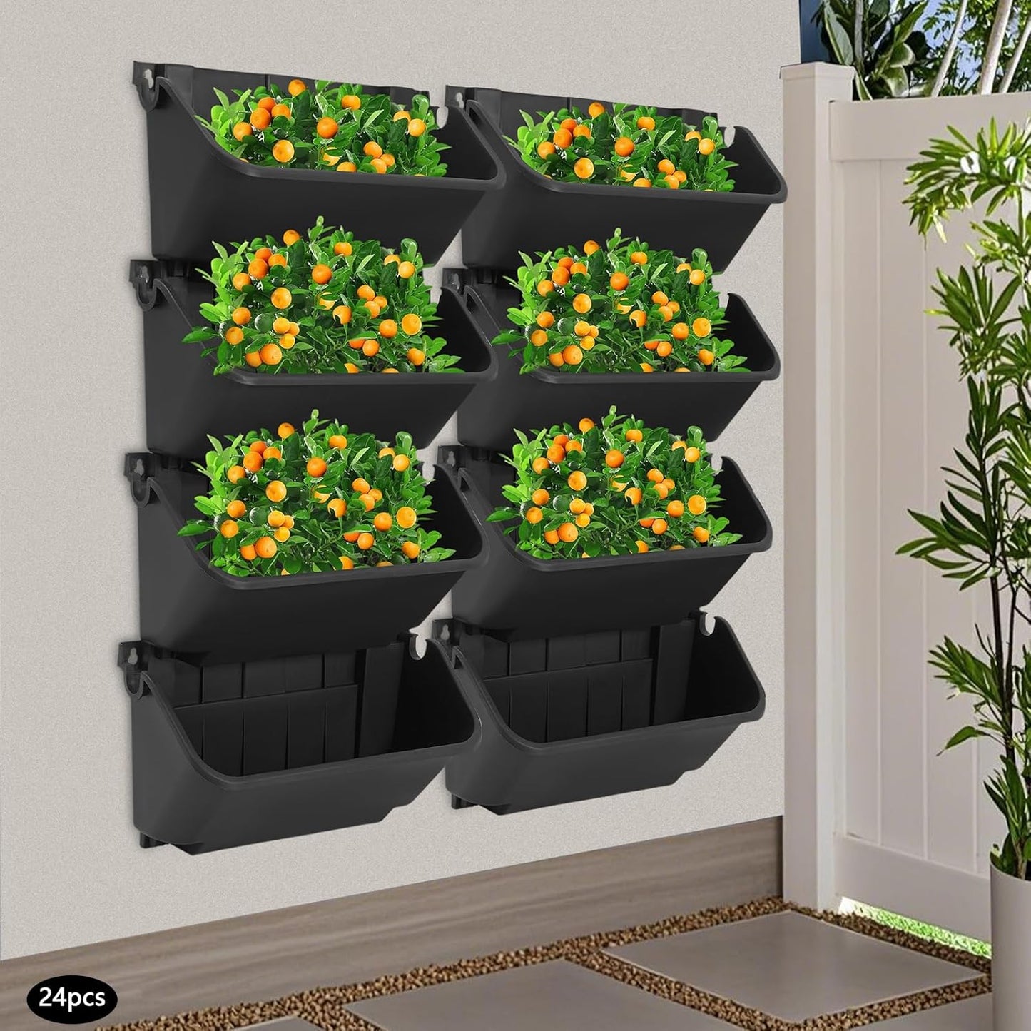 Eapmic Vertical Wall Planter with 24 Pots, Hanging Garden Plant Flowerpot Holder, Stackable Wall-Mounted Planter, Balcony Planters for Flowers Vegetables Fruits (Black, 24 Pots)