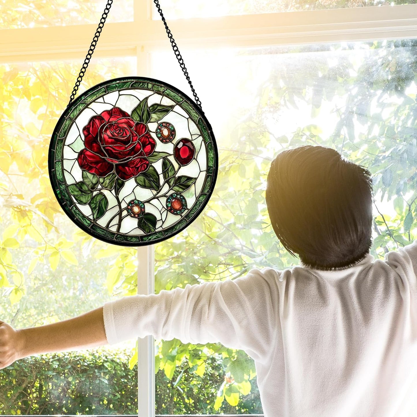 Stained Glass Window Hanging, Red Rose Gemstone Green Sun Catchers Diamond Glass Panel Hangings Suncatcher Decor for Birthday for Women, Men, Wife, Aunt, and Mom 9.8 in