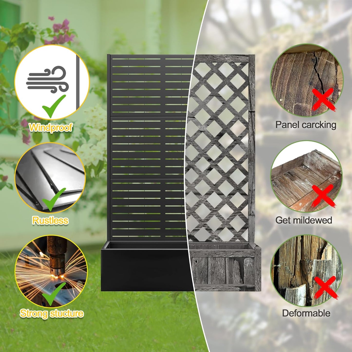 FENCY Metal Raised Garden Bed with Trellis, Metal Planter Box with Trellis, Garden Box for Climbing Plants Vegetable, 35" Lx16 Wx71 H Garden Bed with Drainage Holes(Black-Louvered)