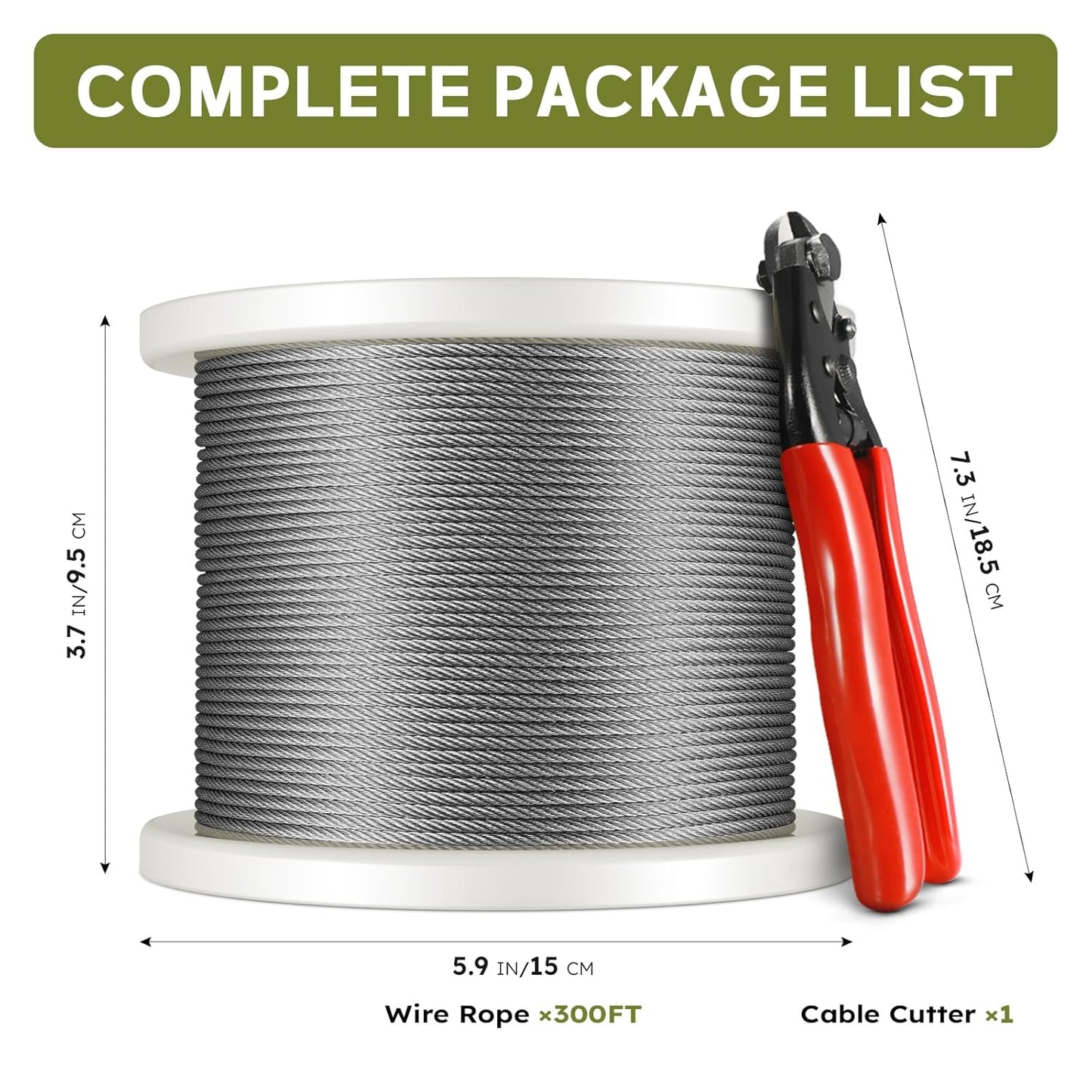 300FT 1/8" T316 Stainless Steel Cable, Wire Rope Aircraft Cable for Deck Cable Fence Railing Kit, and DIY Balustrades, 7x7 Strands Construction, Comes with a Cutter