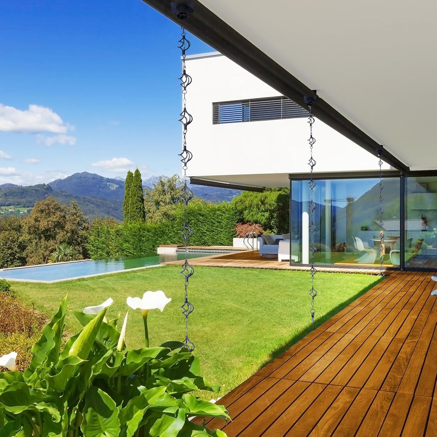 Rain Chain Bird Cage Set 8.5Ft, Wrought Iron Rain Chains for Gutters with Adapter Gotta Drain and Anchoring Stake,13 Birdcage, 1 Hook, Not Rust,Adjustable Length for Garden (Blue Gray)