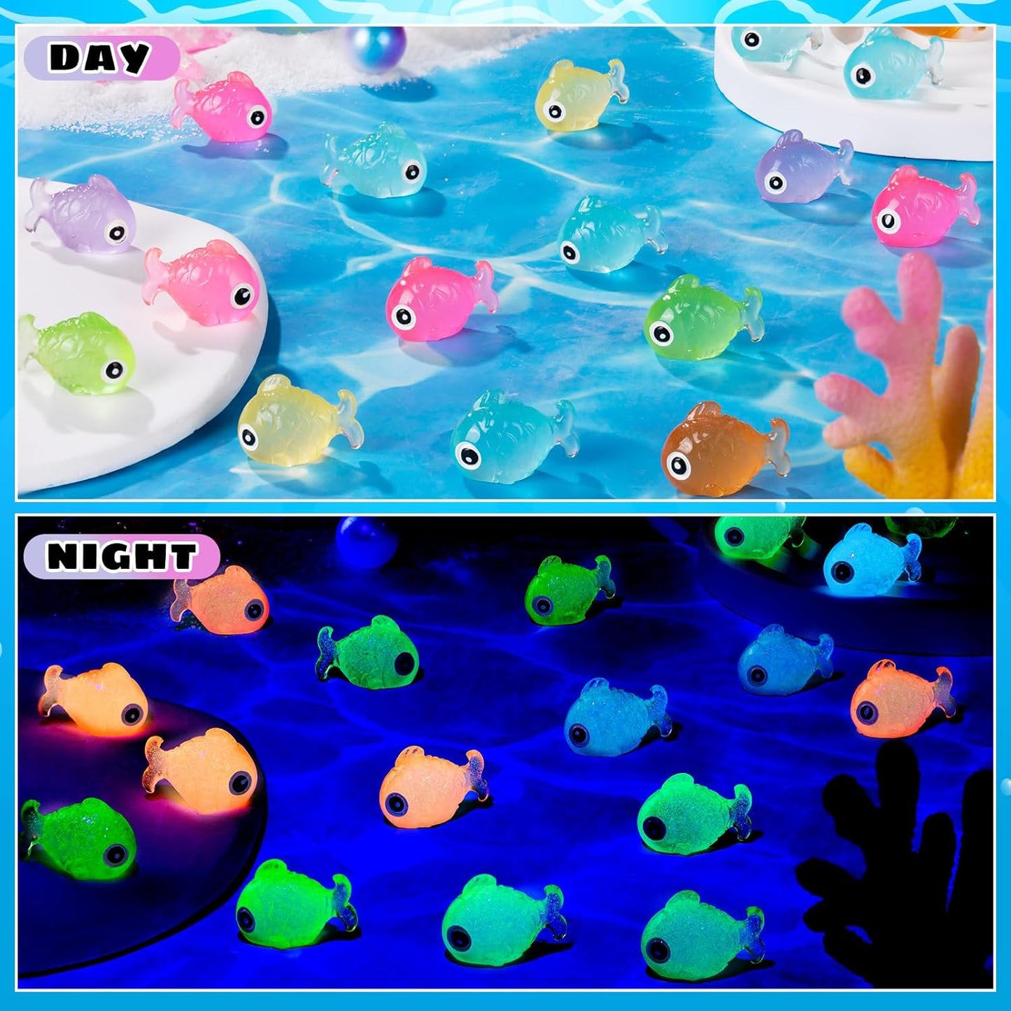 48Pcs Luminous Mini Resin Fish, Miniature Glow in The Dark Fish Ornament for Garden, Landscape, Aquarium, Dollhouse, Birthday Party, Room Crafts Decor