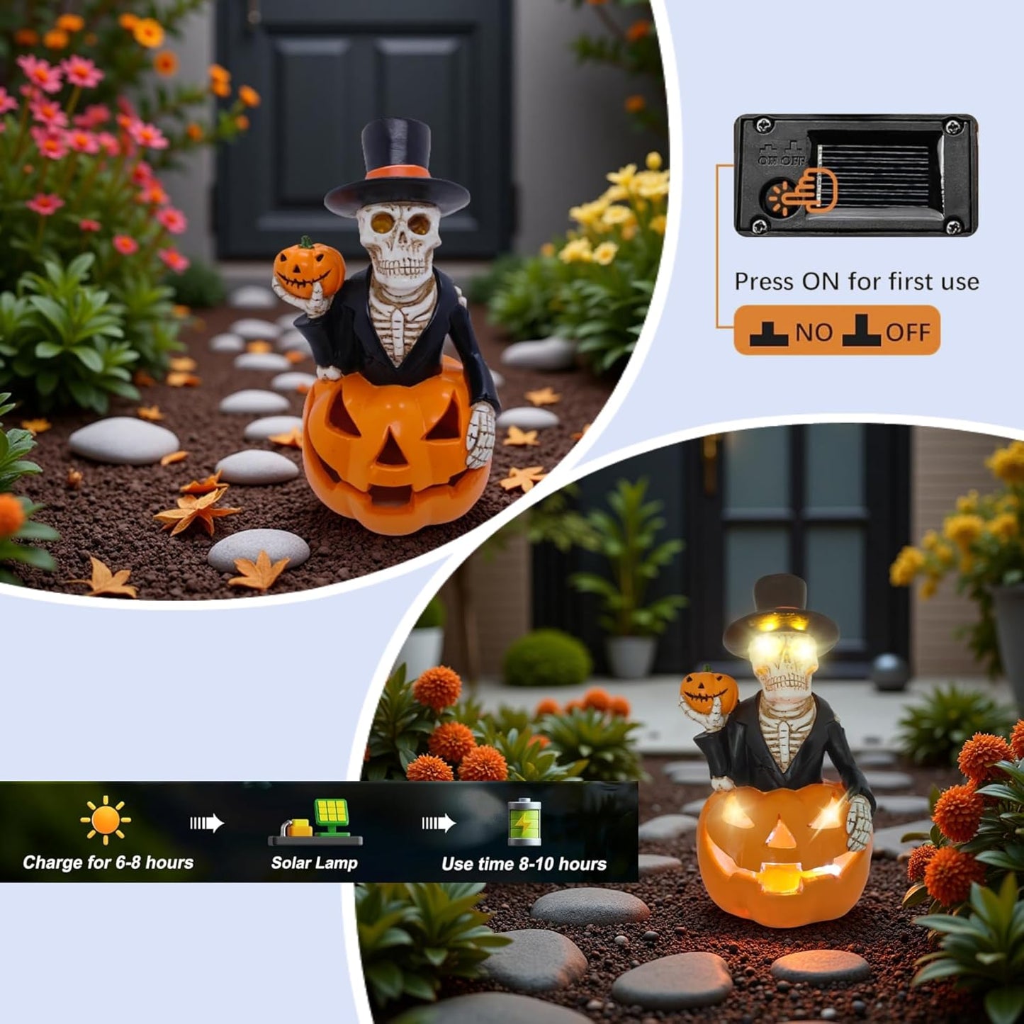 Halloween Decorations Solar Spooky Lights Outdoor Skull Pumpkin Figurine Light Garden Statue for Outside Patio Front Porch Yard, Led Fall Decor Jack-O-Lantern Home Decor Gifts (Orange-White Skull)