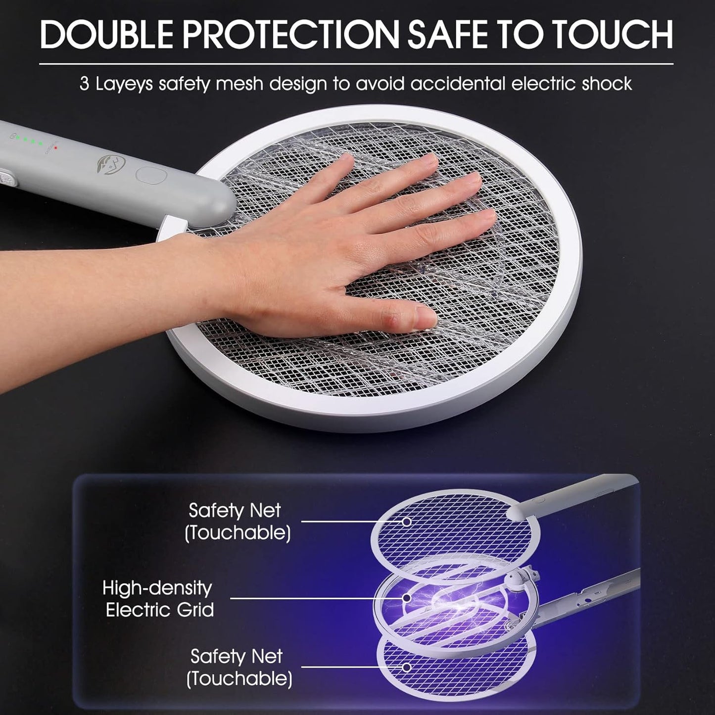 Electric Fly Swatter Racket, 2 in 1 Bug Zapper with USB Rechargeable Base, 4000 Volt Mosquito Killer with 3-Layer Safety Mesh for Pest Insect Control for Indoor、Office、Backyard、Camping（Gray-2 Pack）