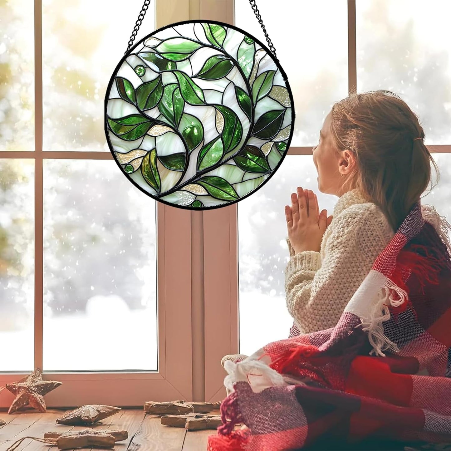 Stained Glass Window Hanging - White Green Leaves Suncatcher for Doors Window Home Plant Sun Catchers Decor Christmas Mother's Day Birthday Gifts for Teacher Women Men Mom Nana 11.8 in