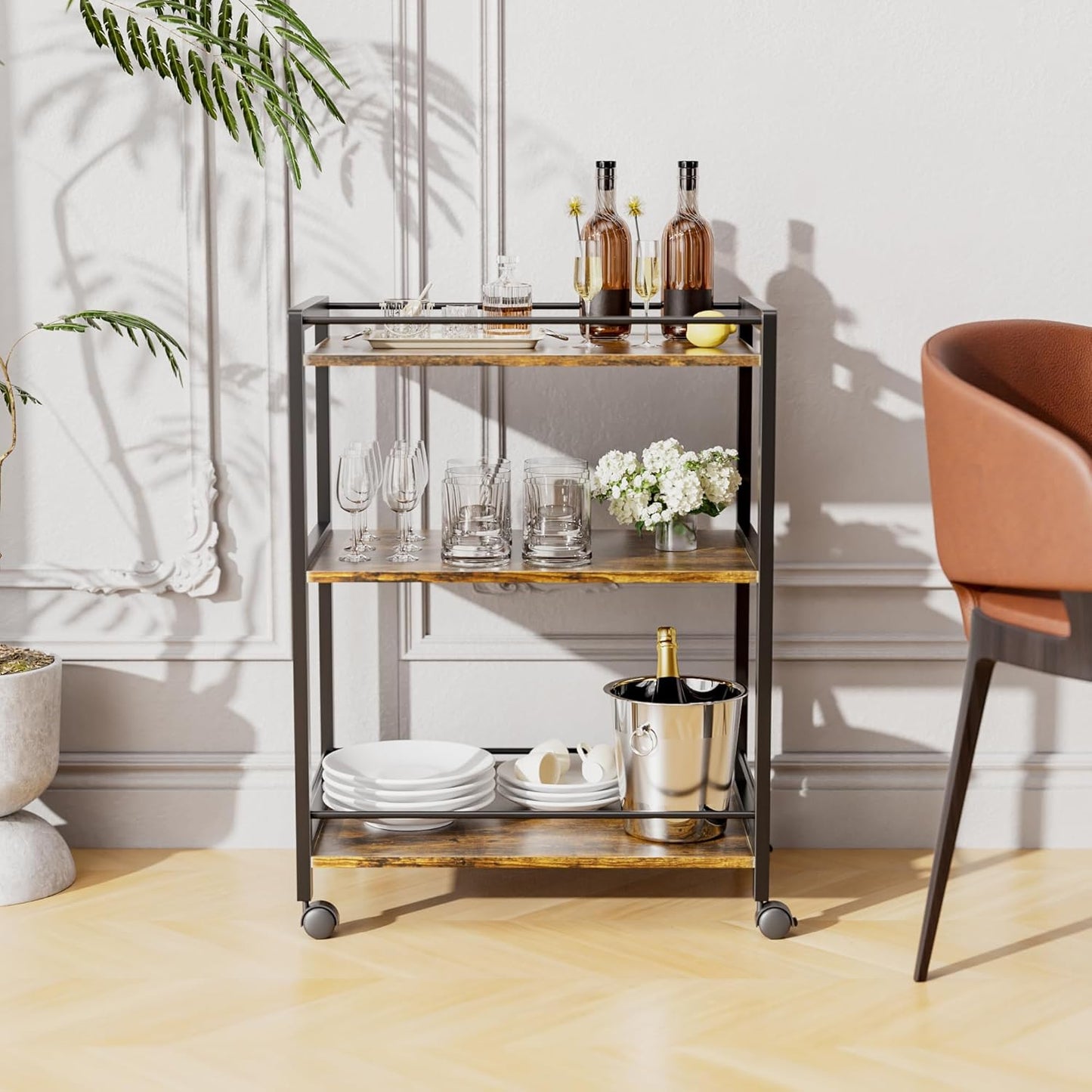 HITNET Bar Cart for The Home, Home Bar Serving Cart with Wheels and Storage Shelves, 3 Tier Rolling Liquor Beverage Cart for Kitchen Dining Living Room, Rustic Brown and Black