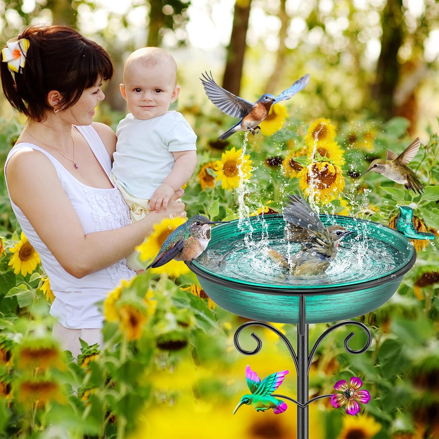 38.6in Bird Baths for Outdoors, Detachable Birdbaths for The Garden Clearance, Freestanding Bird Baths for Outdoors, Bird Bath Bowl Spa & Birdfeeder with Metal Stake Stand (Retro Green)