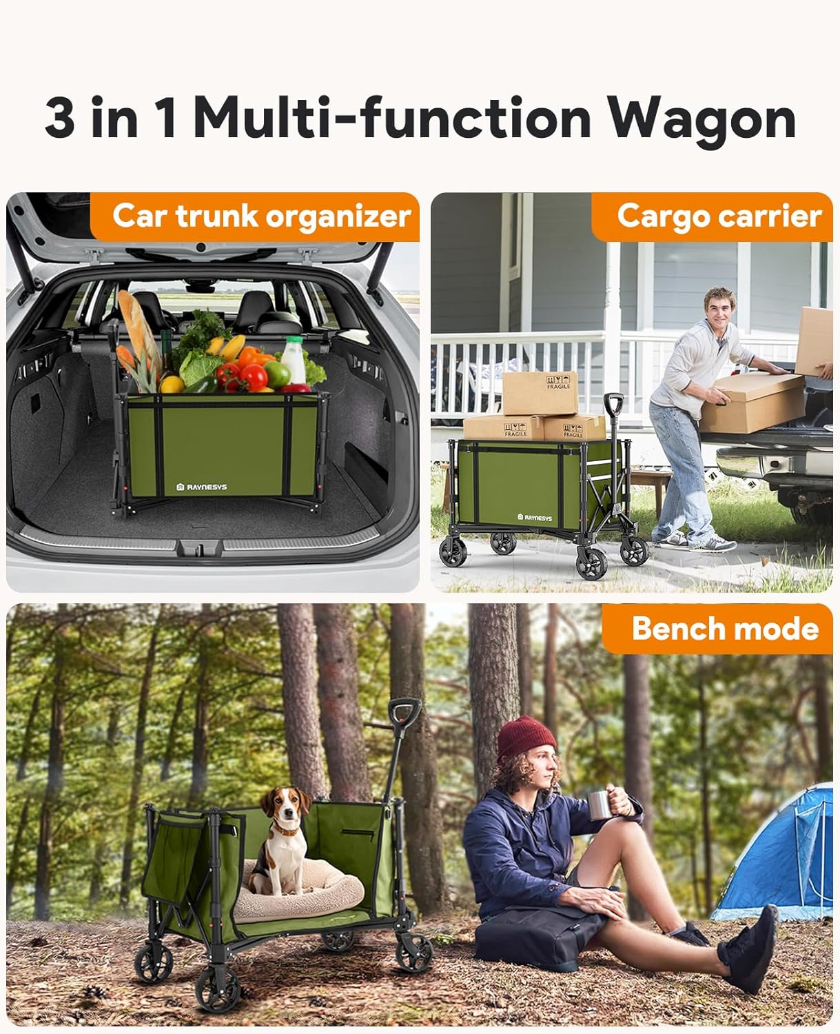 Collapsible Wagon Cart with Wheels 220lbs Foldable Wagon 120L Shopping Cart for Groceries Folding Utility Wagon for Beach, Garden, Camping, Sport, Wheelbarrows, Green