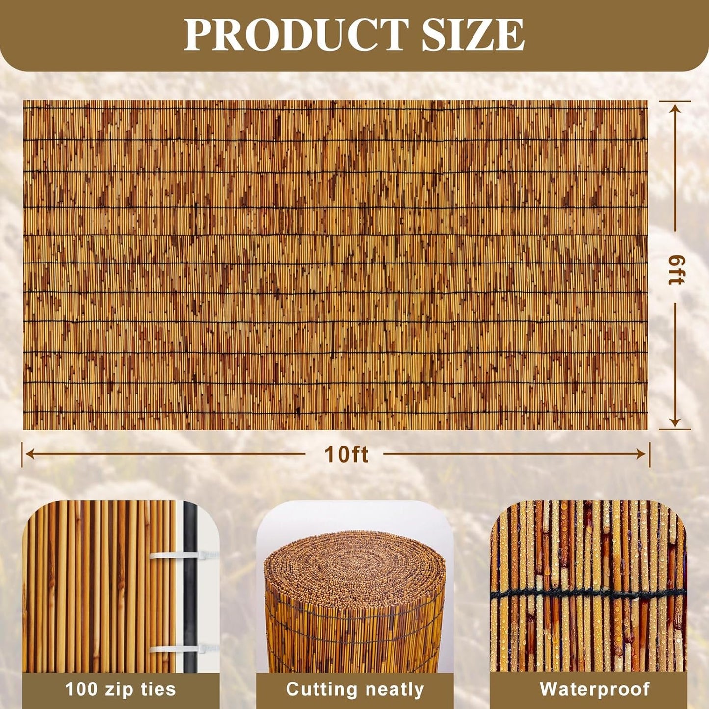 Reed Fencing Rolls,Bamboo Screens Outdoor for Patio,6 Feet High,Suitable for Patio Garden Balcony Terrace and Courtyard Shading 6x10FT