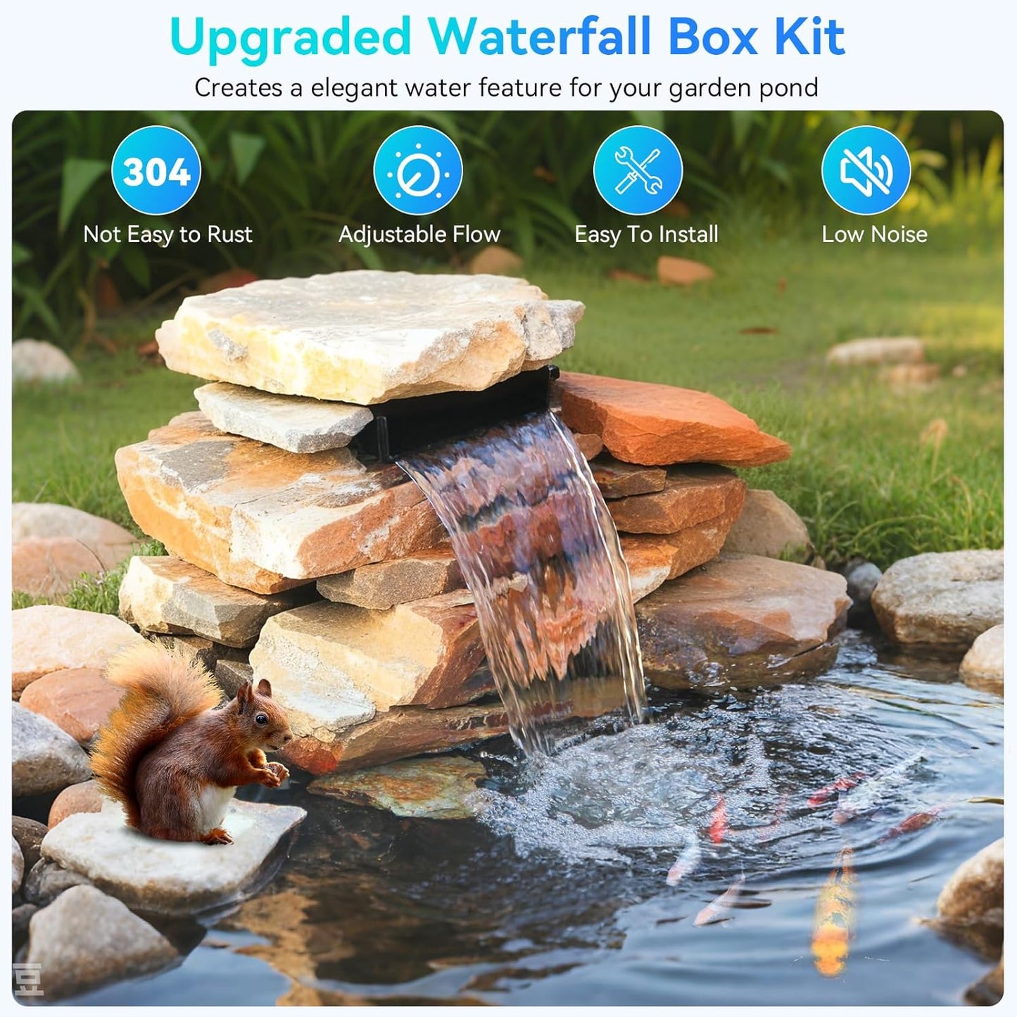 POPOSOAP 70W Pond Waterfall Spillway with Water Pump, 304 Stainless Steel Waterfall Kit with 9.8FT Corrugated Tube, Pond Waterfall Box for Outdoor Pond Waterfall Setup Waterfall System Garden Decor