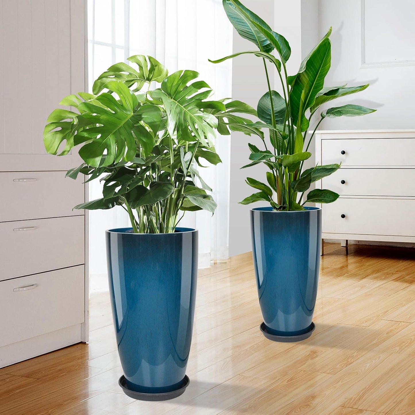 21 inch Tall Planter, Indoor Outdoor Planter Set of 2 Tall Outdoor Planters for Porch Large Planter Pot with Drainage Hole for Home Garden Front Door (Blue)