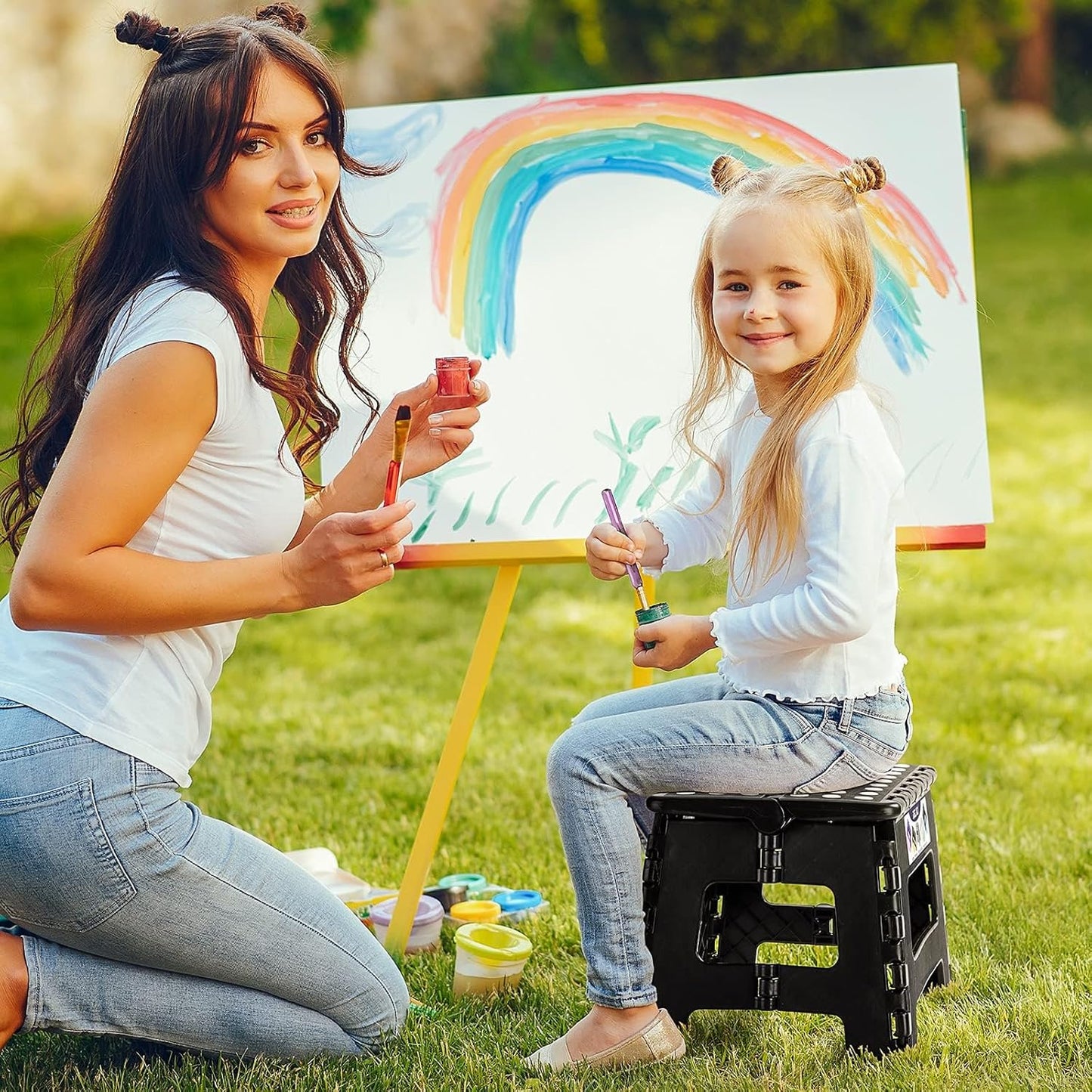 Delxo 9 Inch Folding Step Stool, Black Step Stools for Kids Foldable,Portable Collapsible Step Stool with Handle, Folding Stool for Kitchen Bathroom,Bedroom,Garden