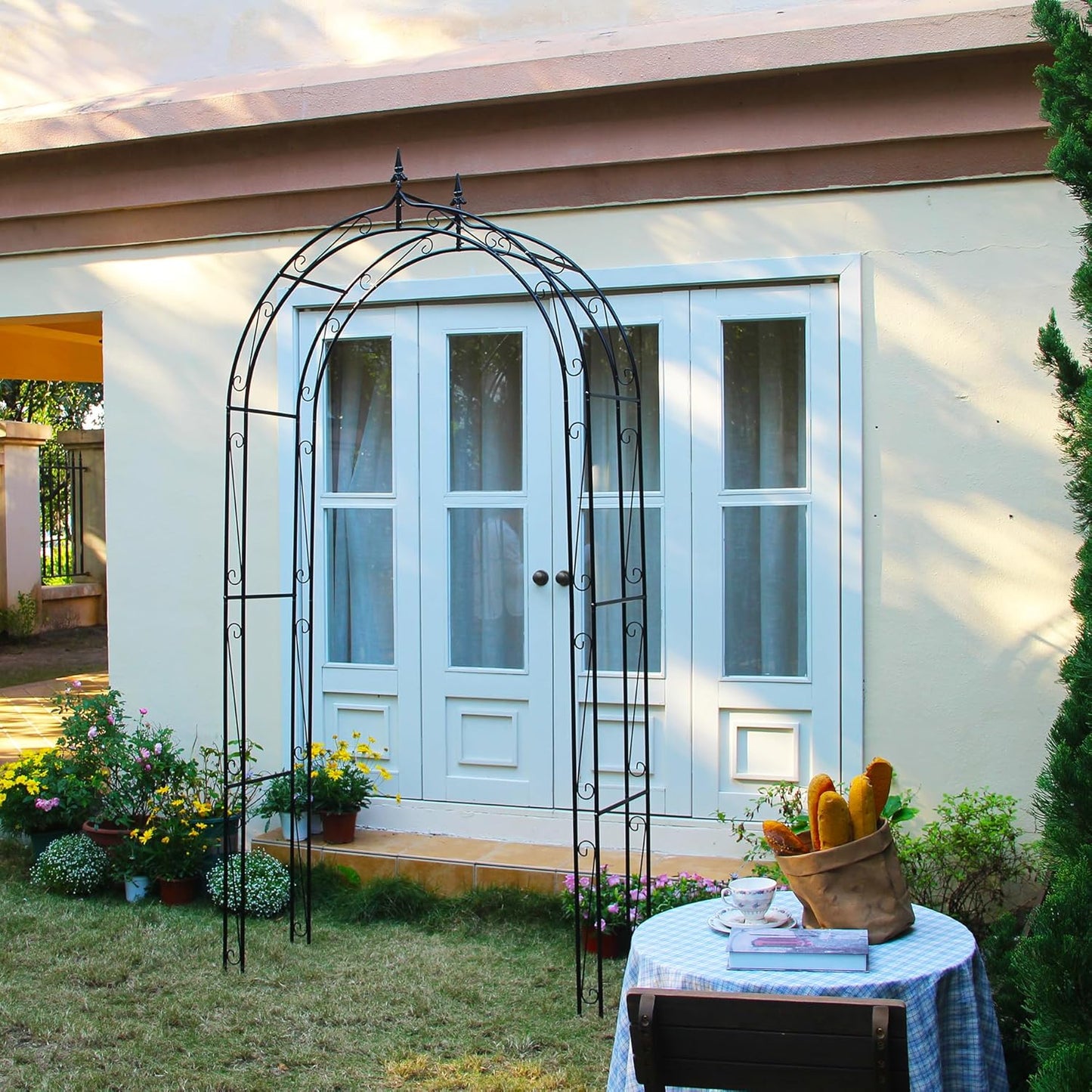 Garden Arbor Arch 98.4" H x 46.5" W, Heavy Duty Iron Archway Decorative Structure Stand Trellis for Climbing Rose Vines Plant Wedding Ceremony Party Outdoor Decor Black