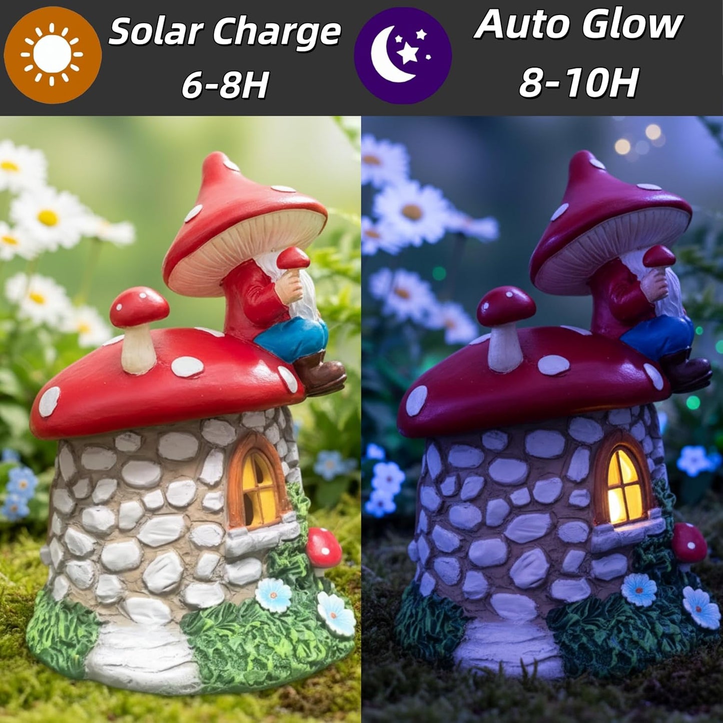 Mushroom Fairy Garden Houses, Miniature Gnomes Village Statue, Solar Figurine LED Decor for Yard Patio Lawn Proch Outside, Christmas Birthday Housewarming Gifts for Women Mom Grandma Kids
