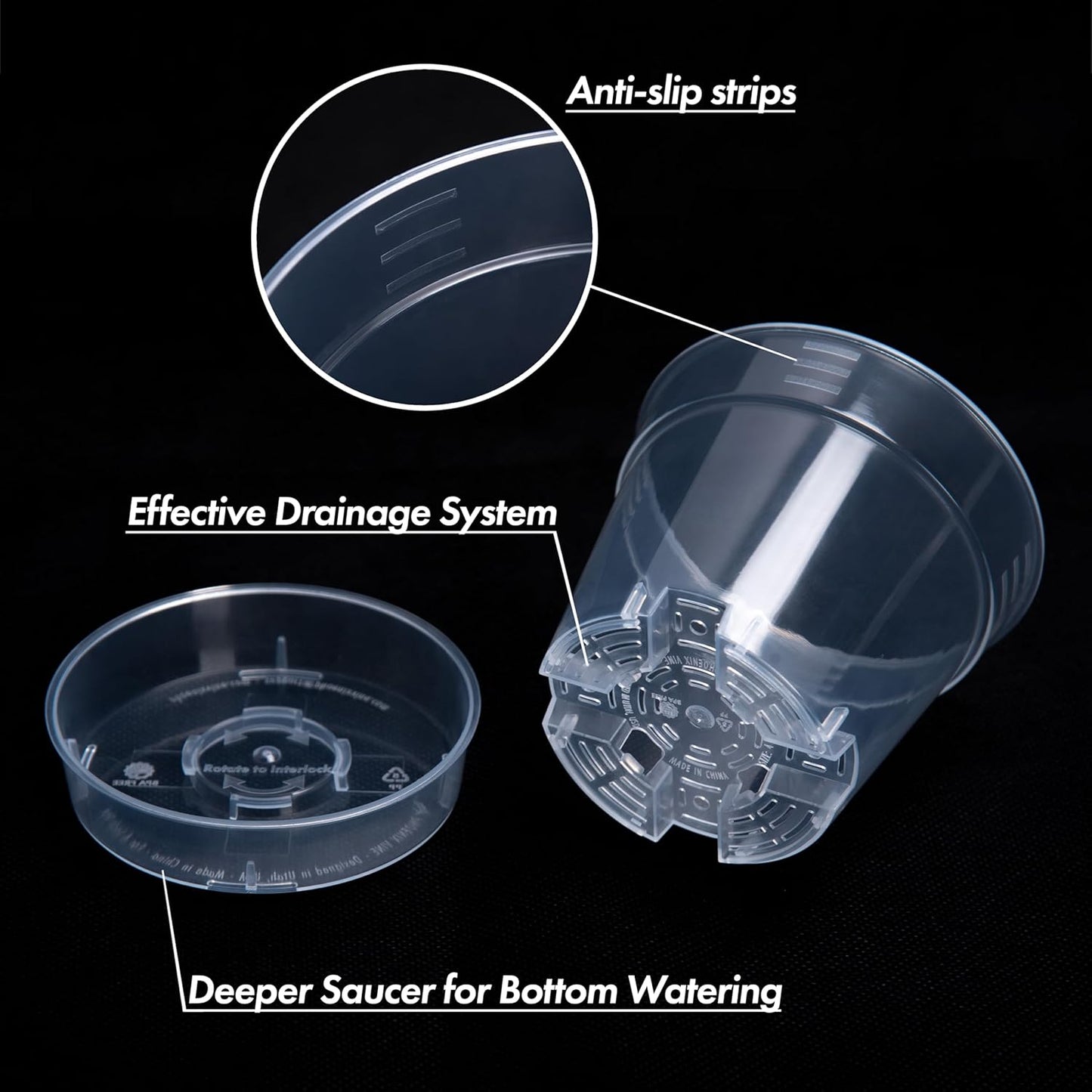 4 Inch Clear Plastic Plant Pot with Drainage Holes, Interlocking & Detachable Tray - Deep Saucer - Durable BPA-Free Plastic, Transparent Design, Raised Base for Airflow, Set of 6, 92-X-A-2