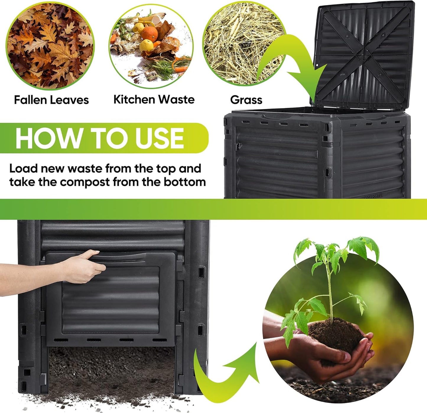 JupiterForce Garden Compost Bin 80 Gallon (300 L) from BPA Free Material, Large Composting Bin Outdoor Composter, Easy Assembling, Fast Creation of Fertile Soil, Lightweight, Black