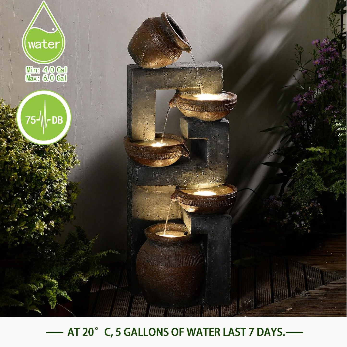 33.8" H Water Fountain Outdoor with LED Lights & Pump, 5-Tier Cascading Outdoor Fountain for Garden,Patio,Porch,Backyard,Home Art Decor (Brown)