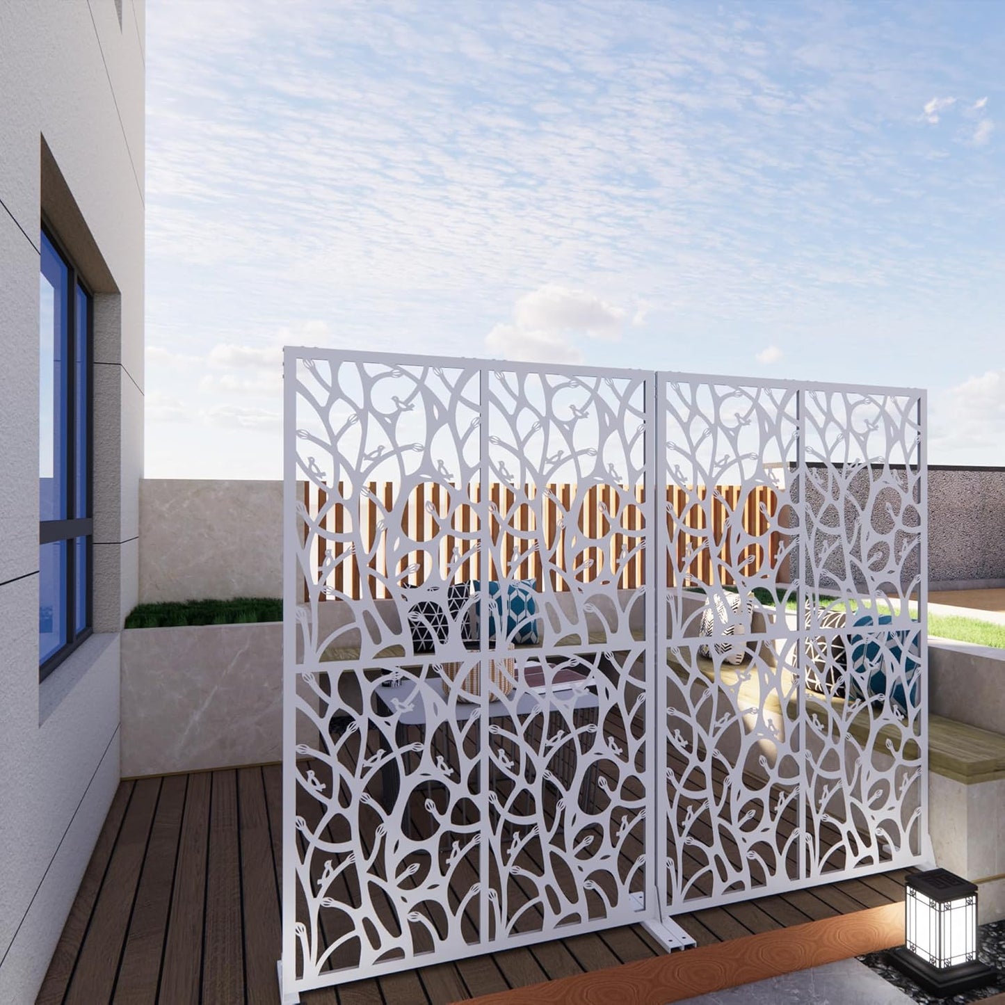 Metal Privacy Screens 72" H Outdoor Privacy Screens Panels Outdoor and Indoor Bird Pattern Divider with Freestanding Decorative for Balcony Patio Garden Room Divider, White