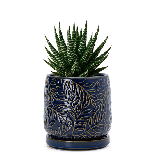 D'vine Dev 4 Inch Embossed Leaves Stoneware Planter Pot with Drainage Hole and Saucer, Midnight Blue, 27-A-Z-3