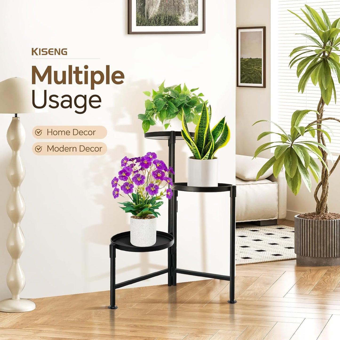 3 Tier Plant Stand Indoor, Metal Plant Shelf Outdoor, Foldable Corner Tall Plant Rack for Multiple Plants, Flower Pot Holder Display Stand for Living Room Patio Home Decor for Gardening