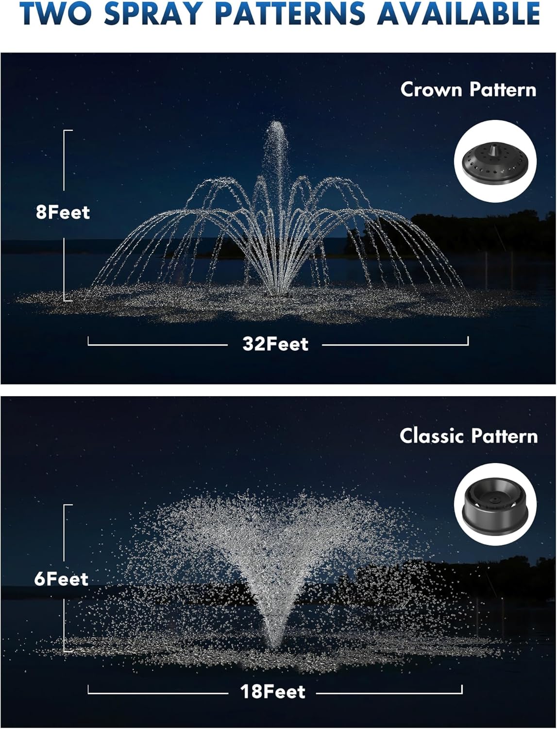 HQUA FS01 120V, 1/2HP, Large Pond Floating Fountain with FSL01 LED RGB Color-Changing Light Sets, 100’ cord, 13000 GPH, Two spray patterns 32'x12' and 18'x6'