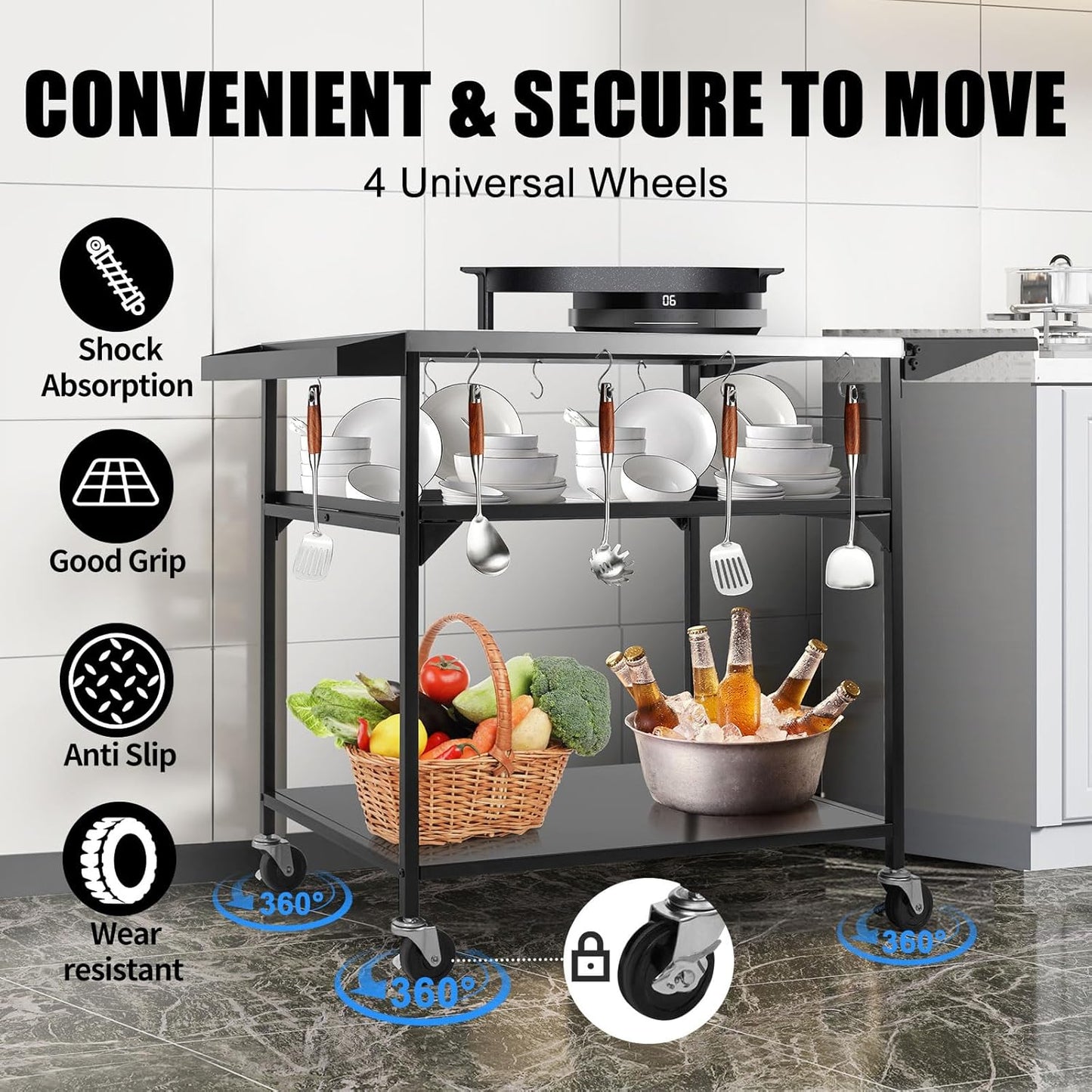 Outdoor Pizza Oven Table,Three-Shelf Outdoor Table with Waterproof Cover, Pizza Oven Stand Tables with Wheels, Movable Outdoor Grill Food Prep Heavy Duty Grill Cart