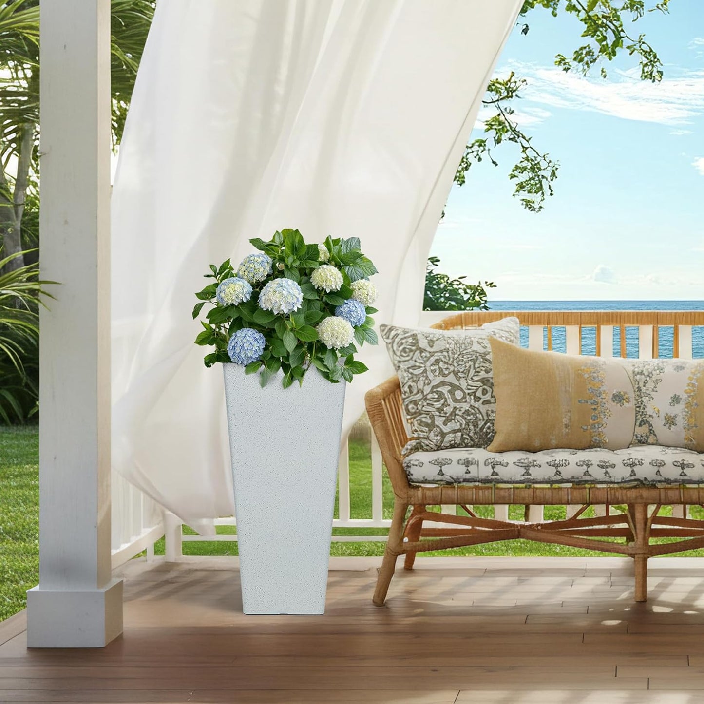 28" Tall Planters for Indoor Outdoor Plants, Set of 2 Large Tapered Flower Pots, Modern Plant Containers for Patio, Garden, Porch, Balcony or Home Decor, White Terrazzo, Durable & UV-Resistant