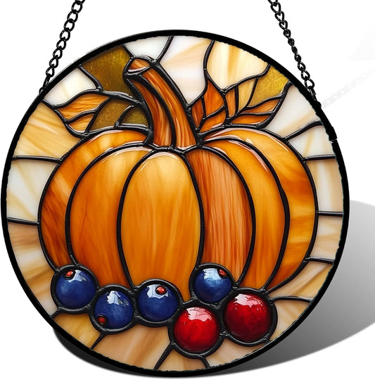 Stained Glass Window Hanging Fall Pumpkin Berries 7.8" - Suncatcher Door Garden Kitchen Sunroom Sun Catcher Autumn Home Decor Birthday for Mom Grandma Men Woman