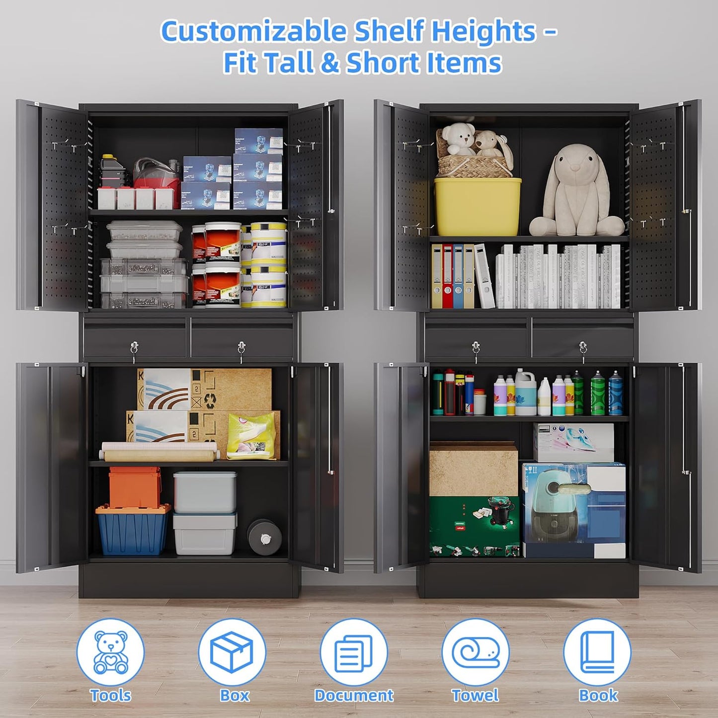 Garage Storage Cabinet, Metal Storage Cabinet with 2 Drawers and 2 Adjustable Shelves, Metal Lockers with Pegboards for Homes, Offices, Kitchens, Schools and Pantries