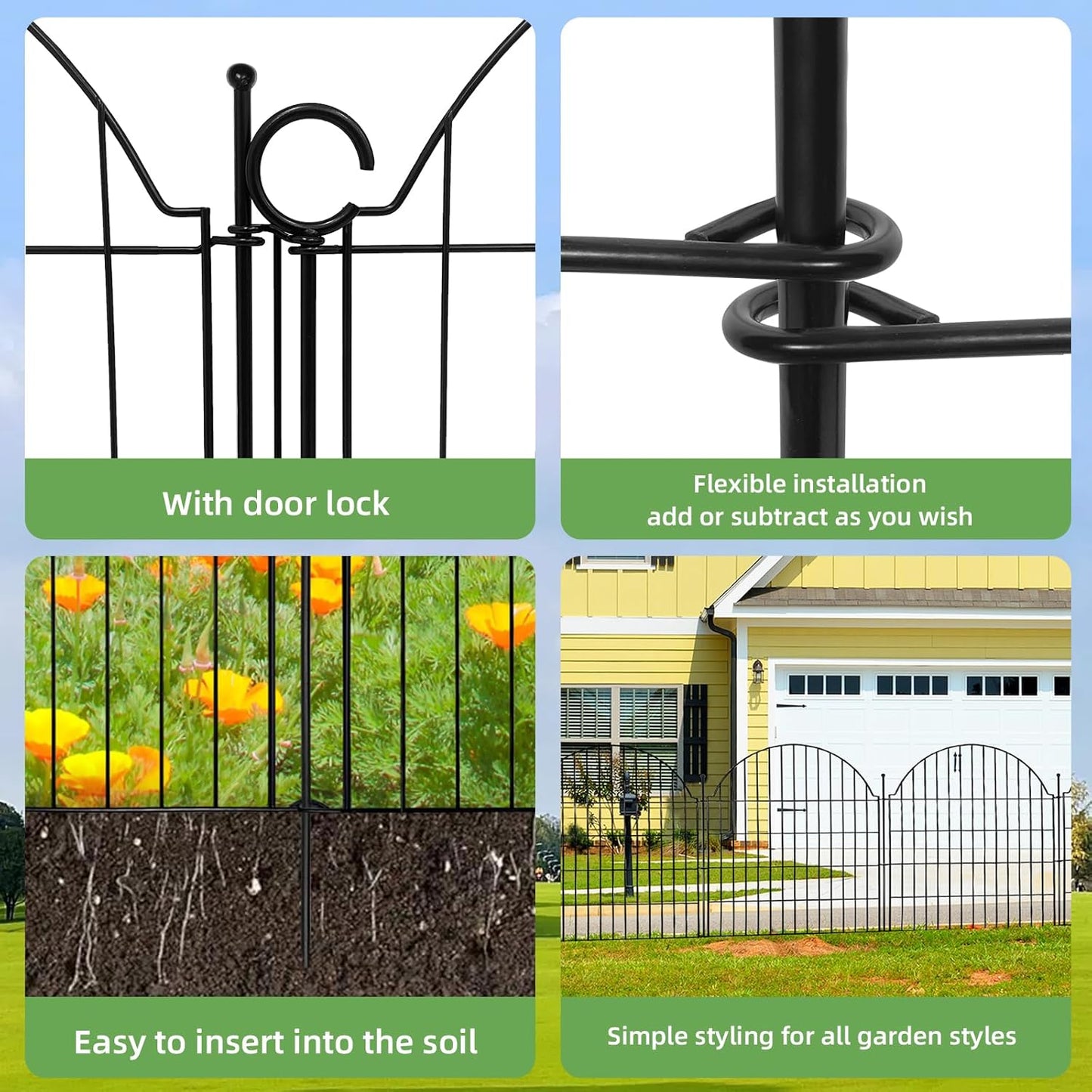 Decorative Metal Garden Fence with Gate Lock 10 Panels, 32in (H) x 23.6ft (L) No Dig Dog Fence Outdoor for Yard, Temporary Rustproof Metal Wire Rabbit Dog Garden Border Fencing for Patio