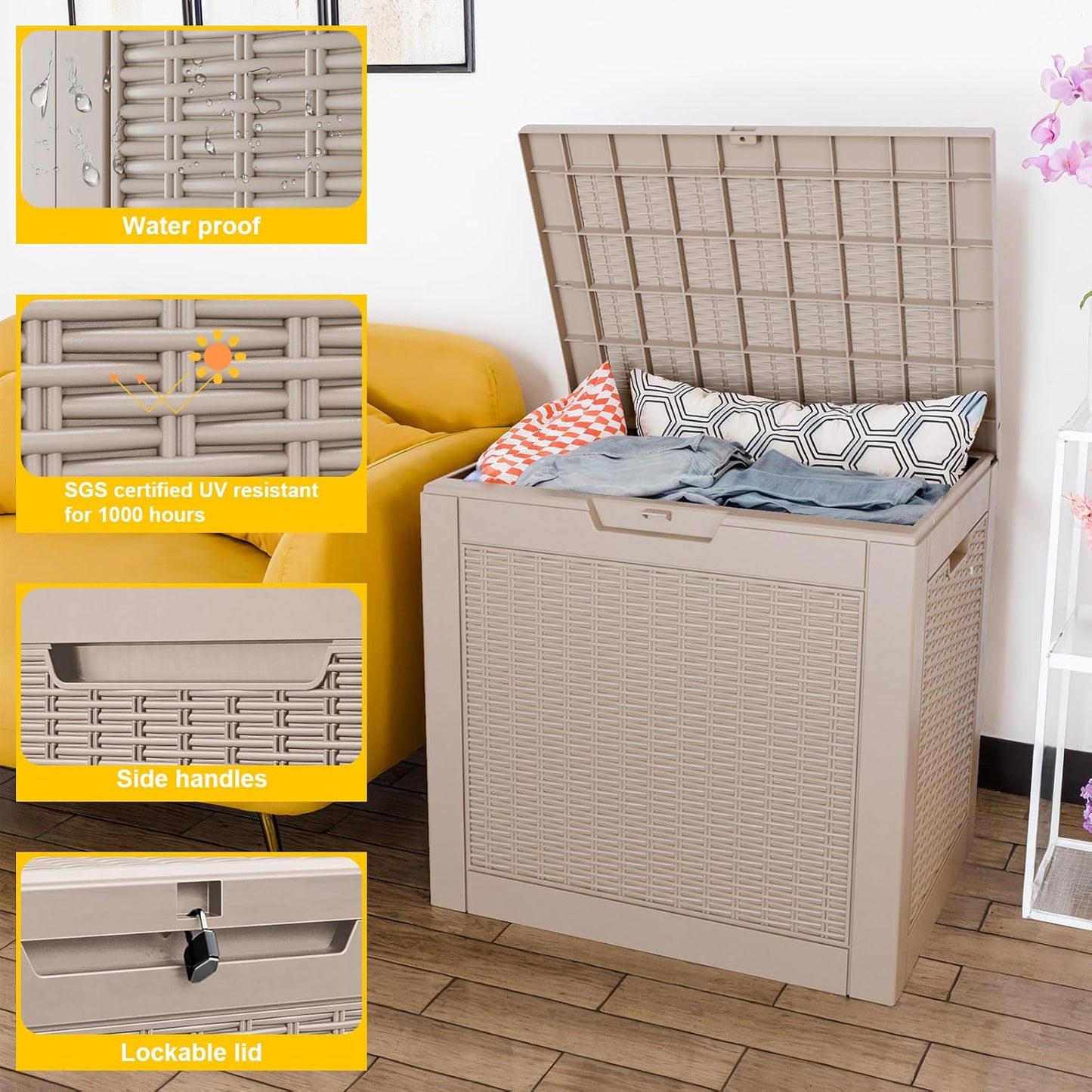 DRATO 31 Gallon Deck Box, Outdoor Storage Box for Patio Cushion, Sports Equipment, Garden Tools, Waterproof Resin Storage Box (Light Brown)