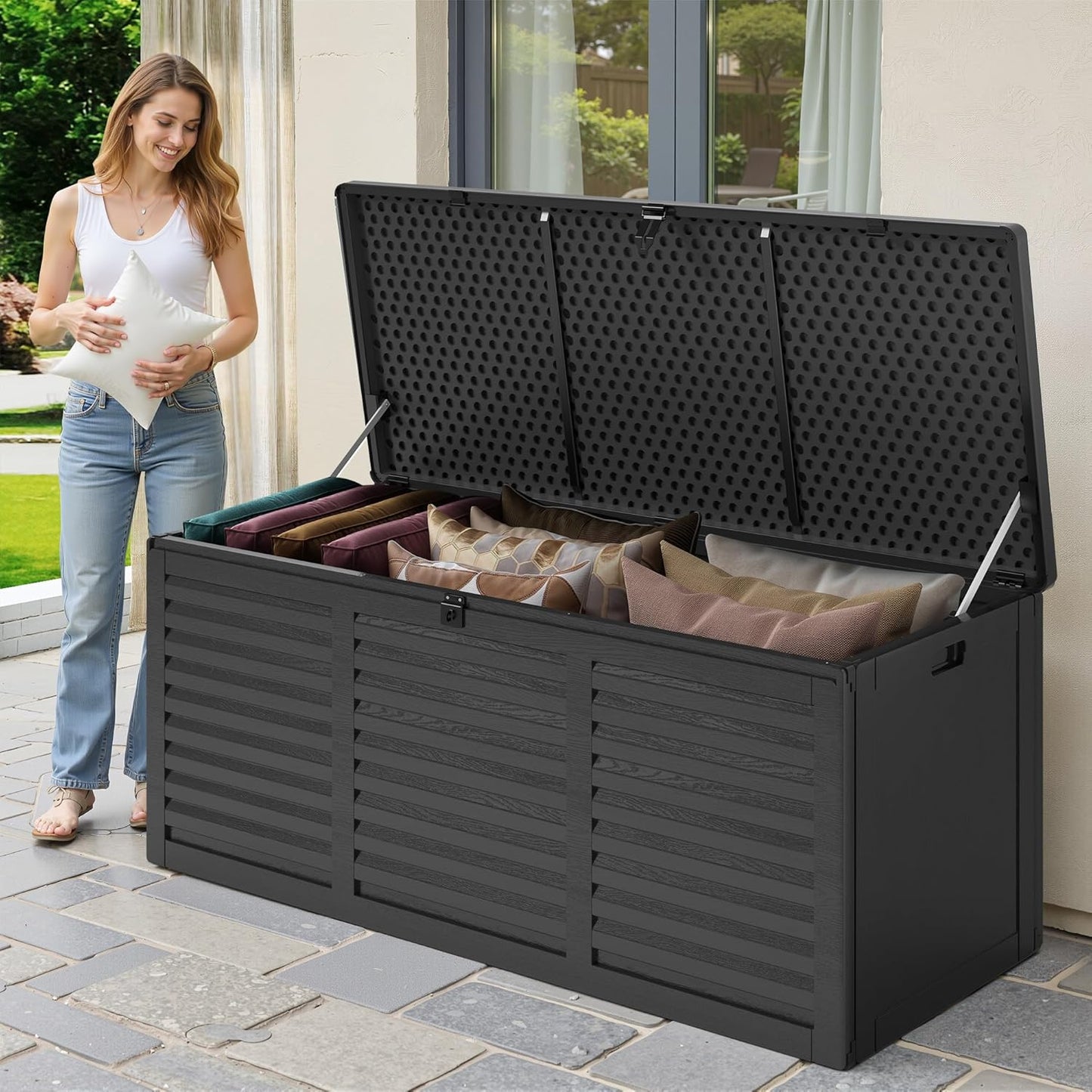 130 Gallon Outdoor Deck Box, Waterproof Resin Box with Lockable Lid, UV-Resistant for Cushions, Garden Tools & Pool Accessories (BLACK), Patio Furniture