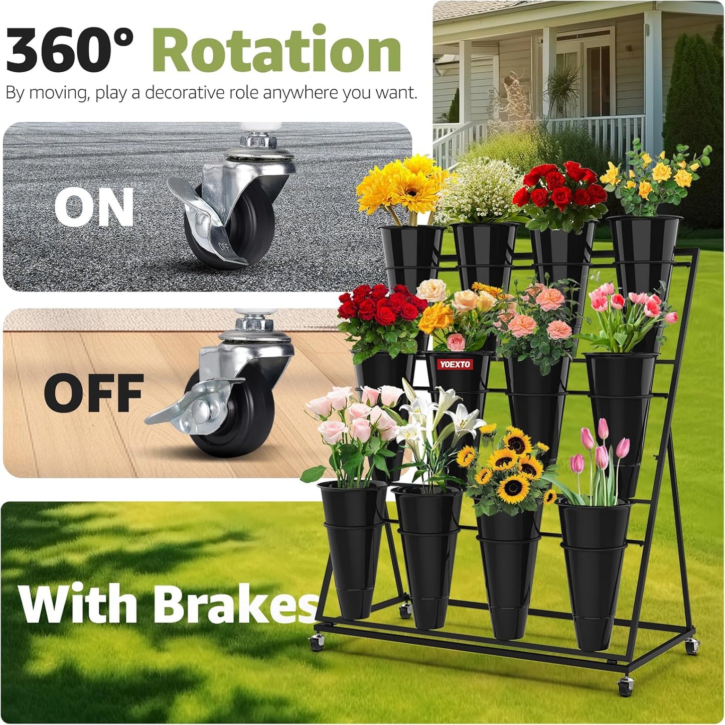 Flower Display Stand 3 Layers with 12 PCS Round Buckets, Plant Stand with Wheels, Movable Metal Plant Stand for Terrace Garden, Florist Shop