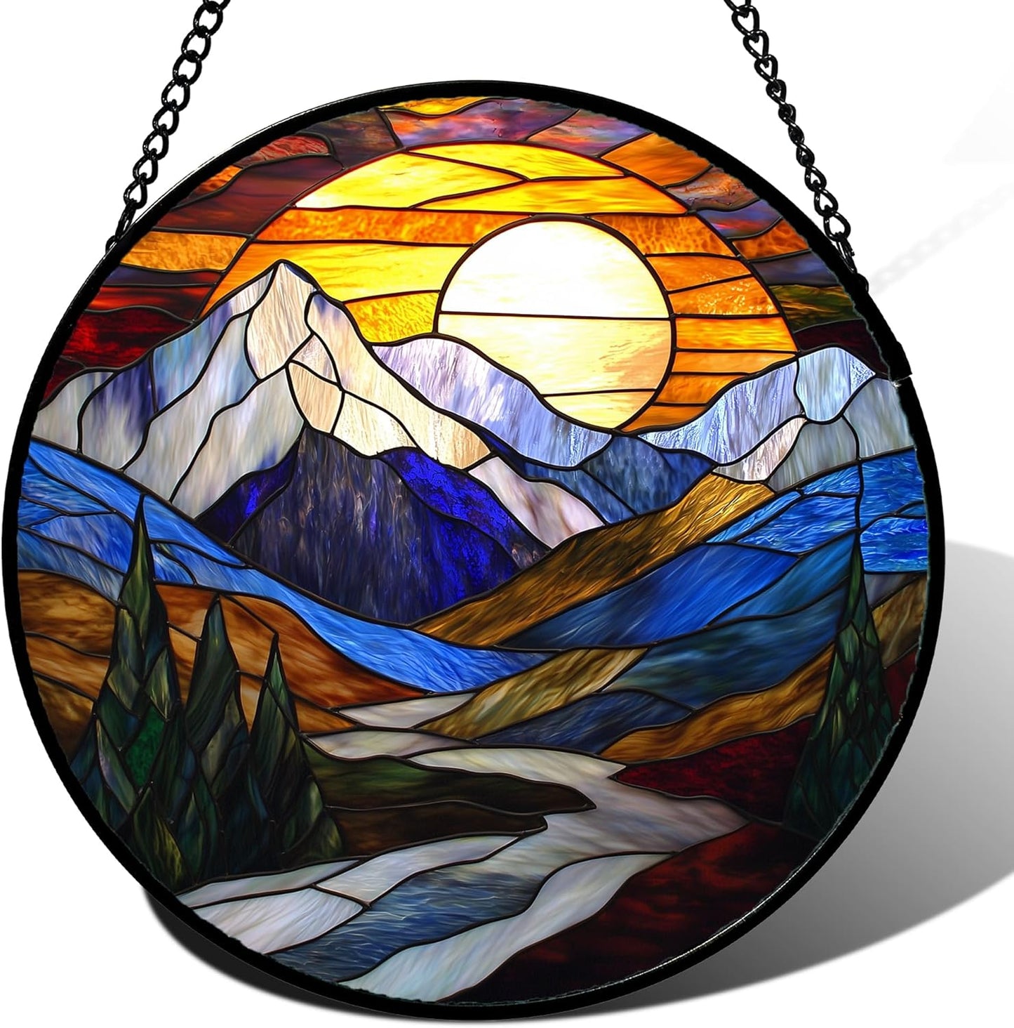 Stained Glass Window Hanging, Yellow Blue Sunset Mountains Scenery Sun Catcher for Window Home Decor Landscape Suncatcher Mother's Day Birthday Gifts for Women Men Mom and Nana 6.3 in