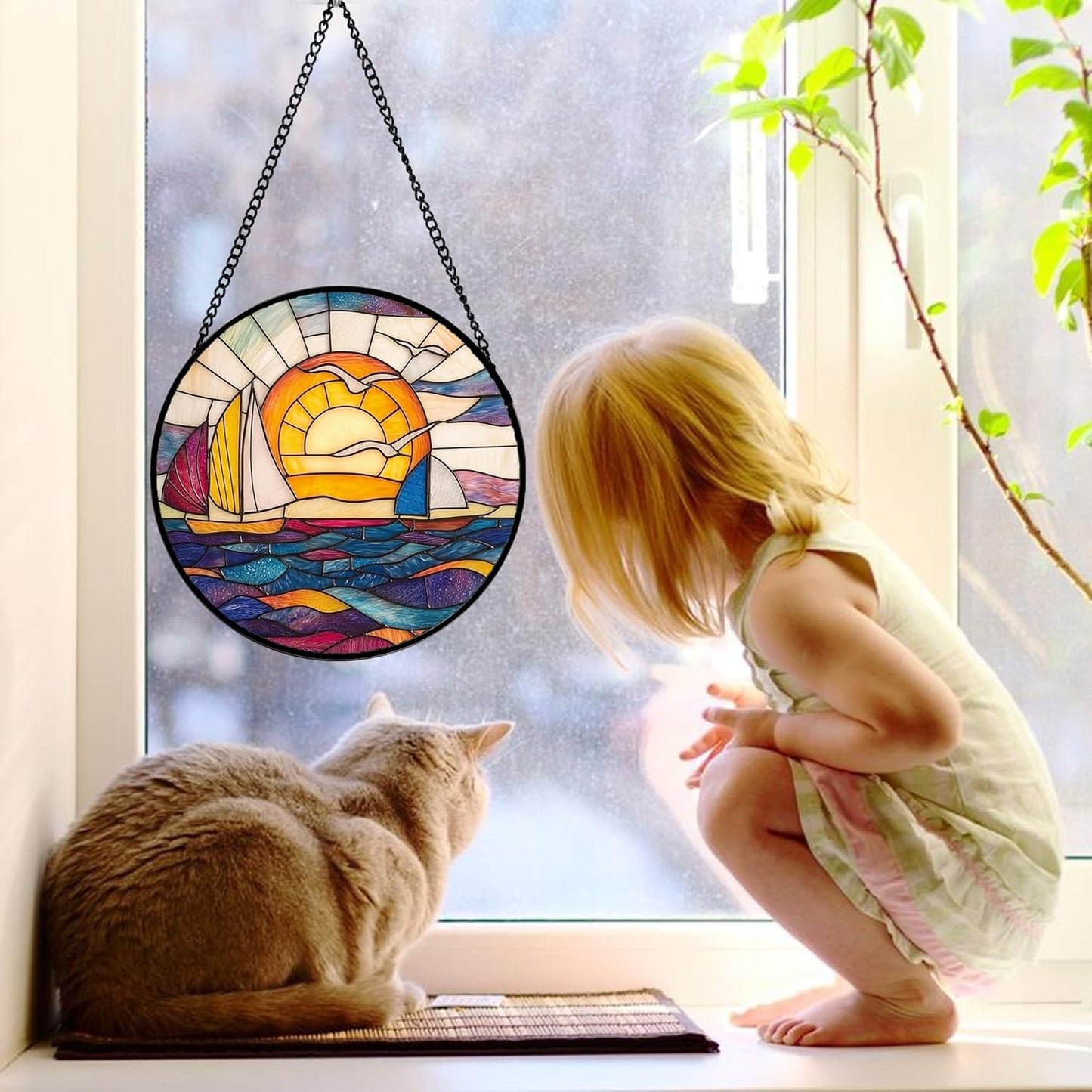 Stained Glass Window Hanging, Sailboat and Waves Suncatcher Diamond Glass Panel Hangings Sun Catchers Decor for Birthday for Women, Men, Wife, Aunt, and Mom 7.8 in