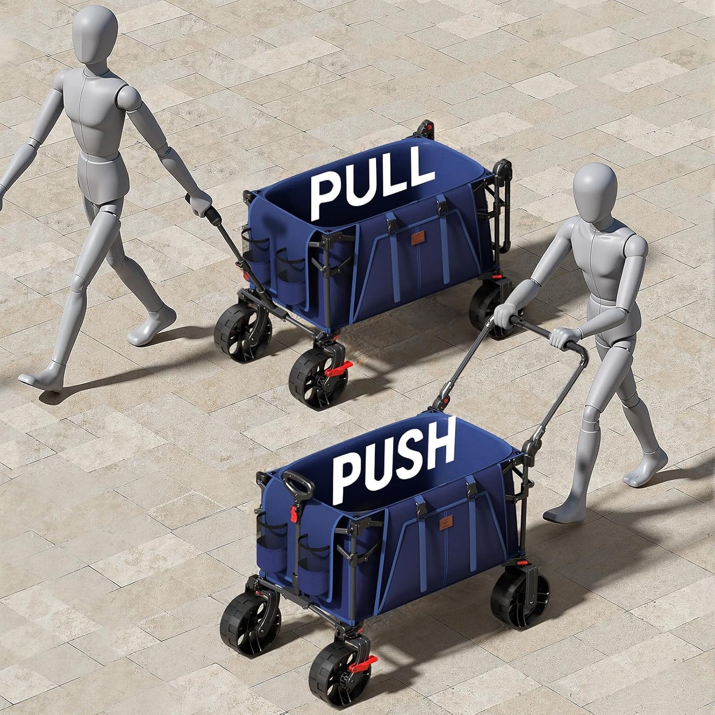 EVER ADVANCED Folding Push Wagon with Brakes, Portable Shopping Cart, Collapsible Wagon Cart with All-Terrain Big Wheels for Camping, Beach, Sports