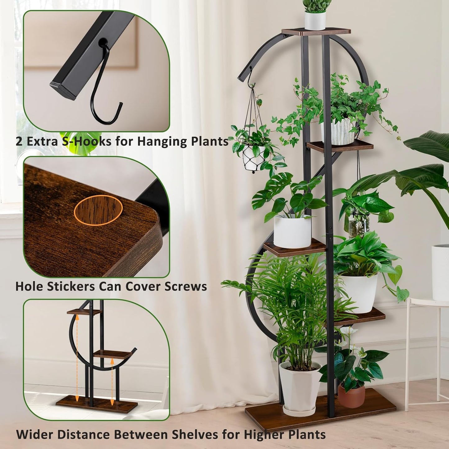 5-Tier Indoor Plant Stand, S-Shaped Corner Plant Stand with hanging Hooks & Gardening Tools, Aesthetic Tall Plants Shelf for Multiple Plants Flower Pot, Outdoor Plant Holder in Patio Balcony