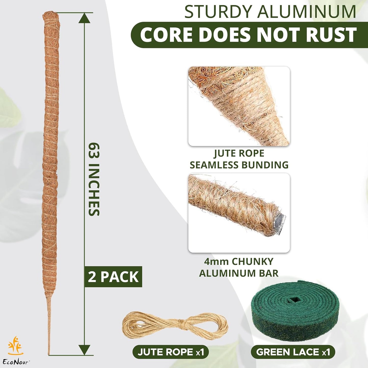 EcoNour Tall Moss Pole for Plants (2-Pack) 63-Inch | Large Monstera Plant Support for Climbing and Growth | Elevate Your Indoor Garden | Tall Plant Support for Indoor Potted Plants to Grow Upwards