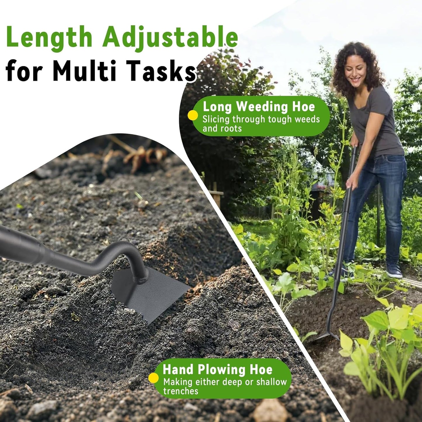 Garden Hoe, Heavy Duty Plow Hoe Garden Tool for Plowing,Cultivating, Trenching, Ridging, Weeding, Loosening Soil, 55 Inch Long Handle, V Shaped Sharp Triangle Hoe, Gardening Hand Tools