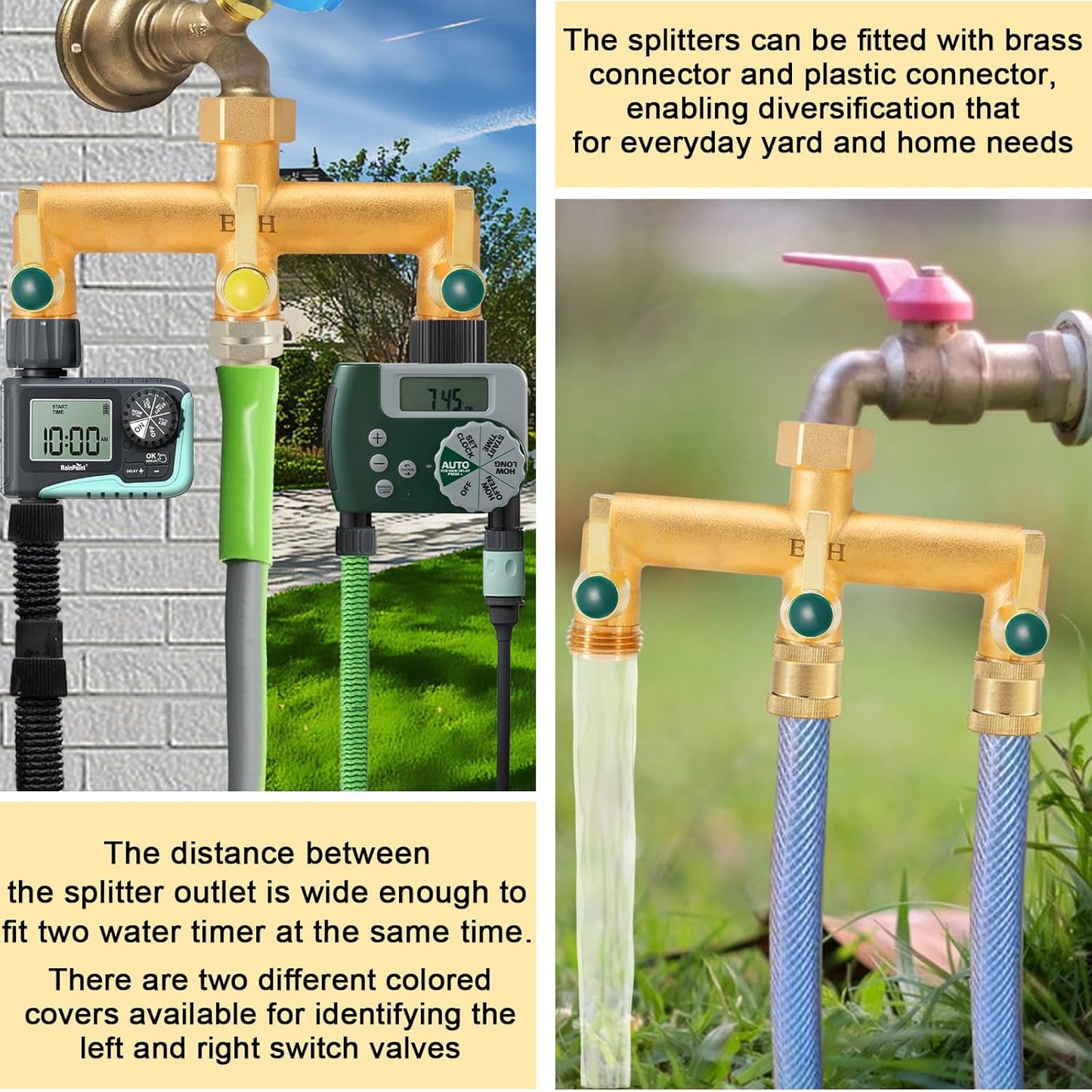 EBH Brass GardenHose Splitter, 3 Way Outdoor Faucet Splitter, 3 Long Metal Handle and Individual On/Off Valve, GHT 3/4-Inch Heavy Duty Hex Female Inlet and 3/4-Inch Male Outlet