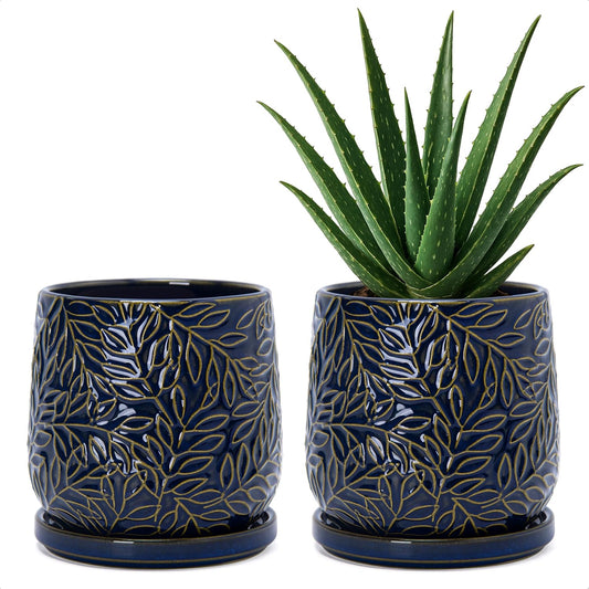 D'vine Dev 5 Inch Embossed Leaves Stoneware Planter Pot with Drainage Hole and Saucer, Midnight Blue, Set of 2, 27-F-V-3