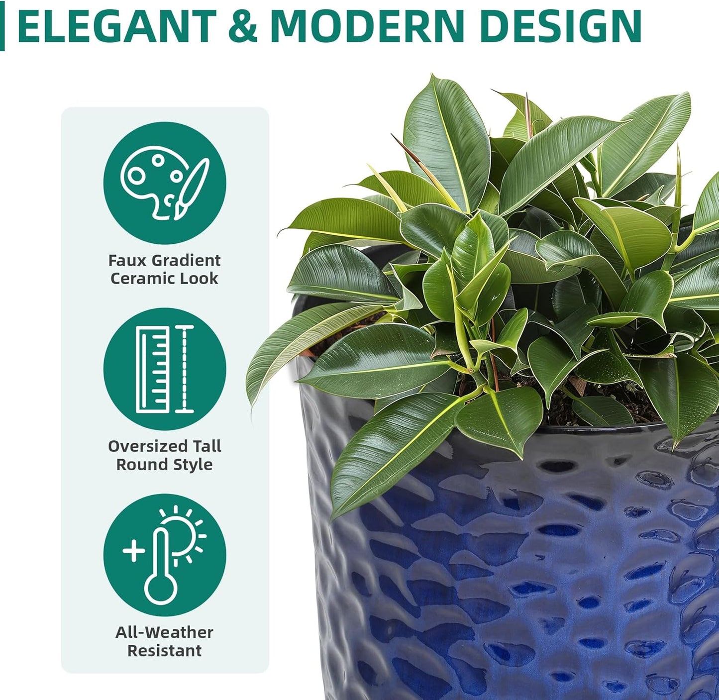 23.75" H Large Tall Outdoor Planters, Set of 2 Plastic Large Flower Pots for Outdoor Plants, Gradient Cobalt Blue Honeycomb Textured, Weather-Resistant for Porch, Garden, Patio or Indoor Use