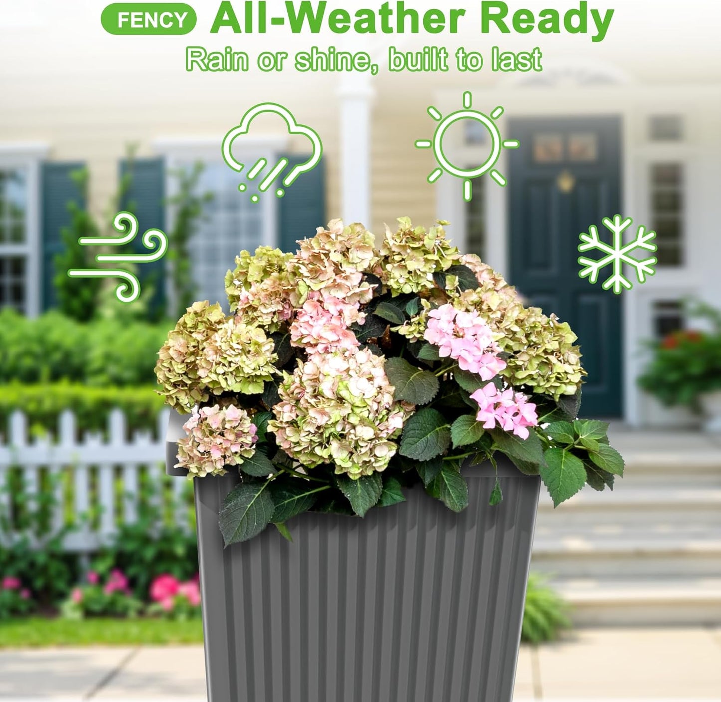 FENCY Set of 2 Tall Planters for Outdoor Plants, 24 Inch Large Tapered Pots with Drainage Trays, Weather-Resistant Plastic Plant Containers for Patio, Porch, Garden, Front Door Decor,Gray,Striped