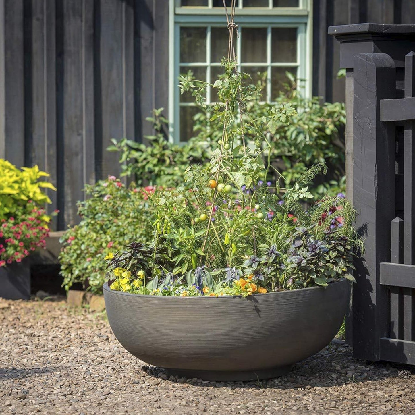 Crescent Garden Large Outdoor Planter Bowl – Double-Walled Resin Pot with Drain Hole for Water Gardens, Fountains, Decorative Landscaping - 30" W x 12" H (Weathered Concrete)