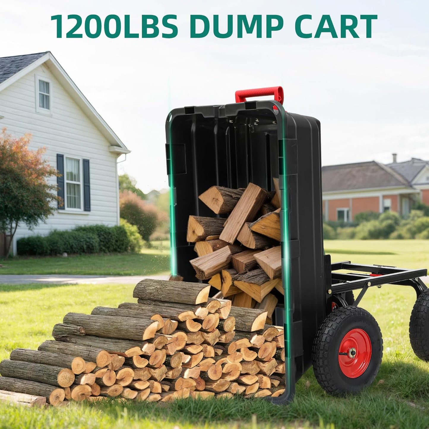 1200lbs Garden Dump Cart,7 Cu.Ft Utility Wagon Cart with Hitch,Heavy Duty Yard Dump Wagon Wheelbarrows with 13" All Terrain Wheels & 2-in-1 Handle,Tow Behind for Lawn Mower Tractor ATV