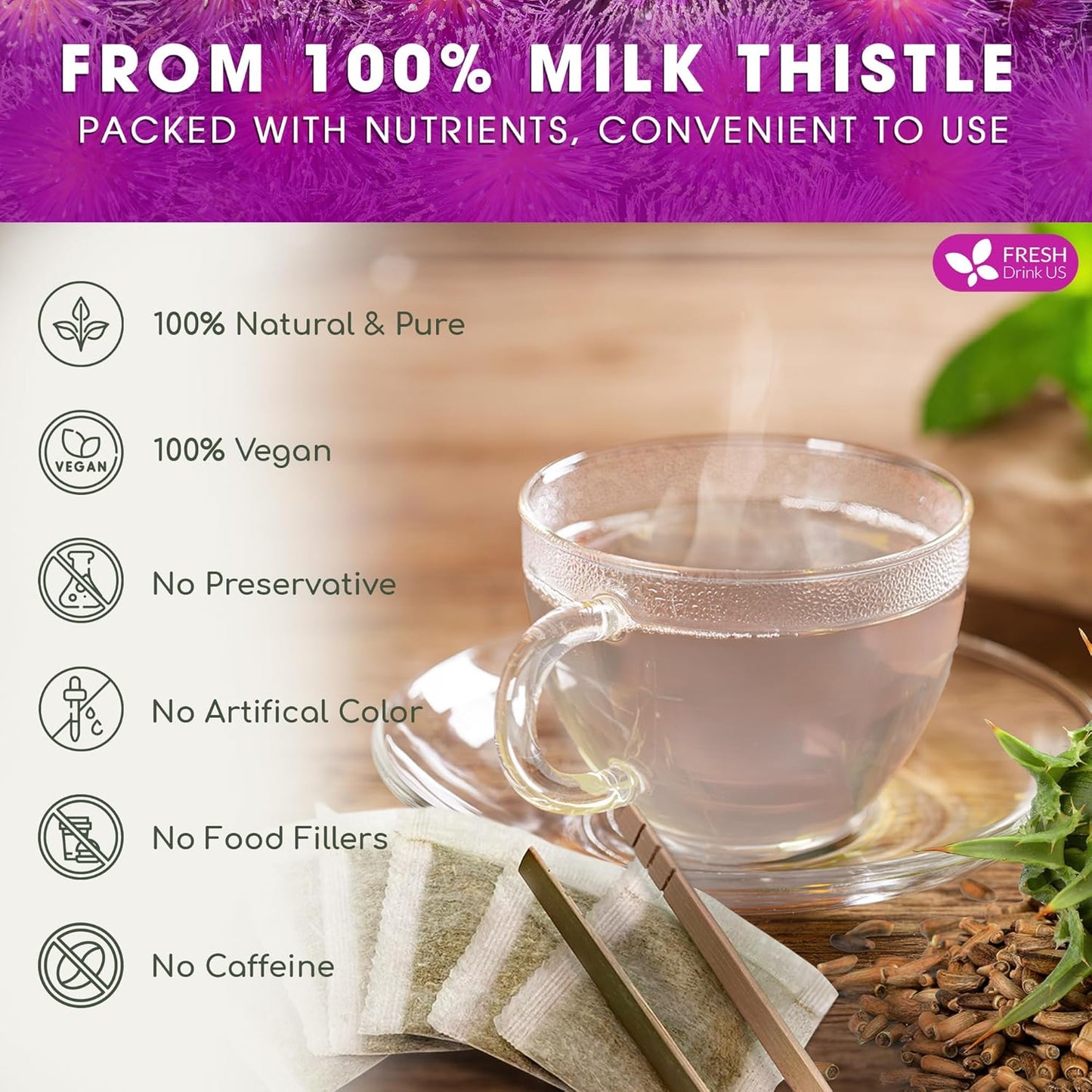 FreshDrinkUS, Premium 75 Milk Thistle Tea Bags, 100% Natural & Pure from Milk Thistle Seeds. Milk Thistle Seed Herbal Tea. Made with Natural Material Tea Bags. No Sugar, No Caffeine, No Gluten, Vegan.