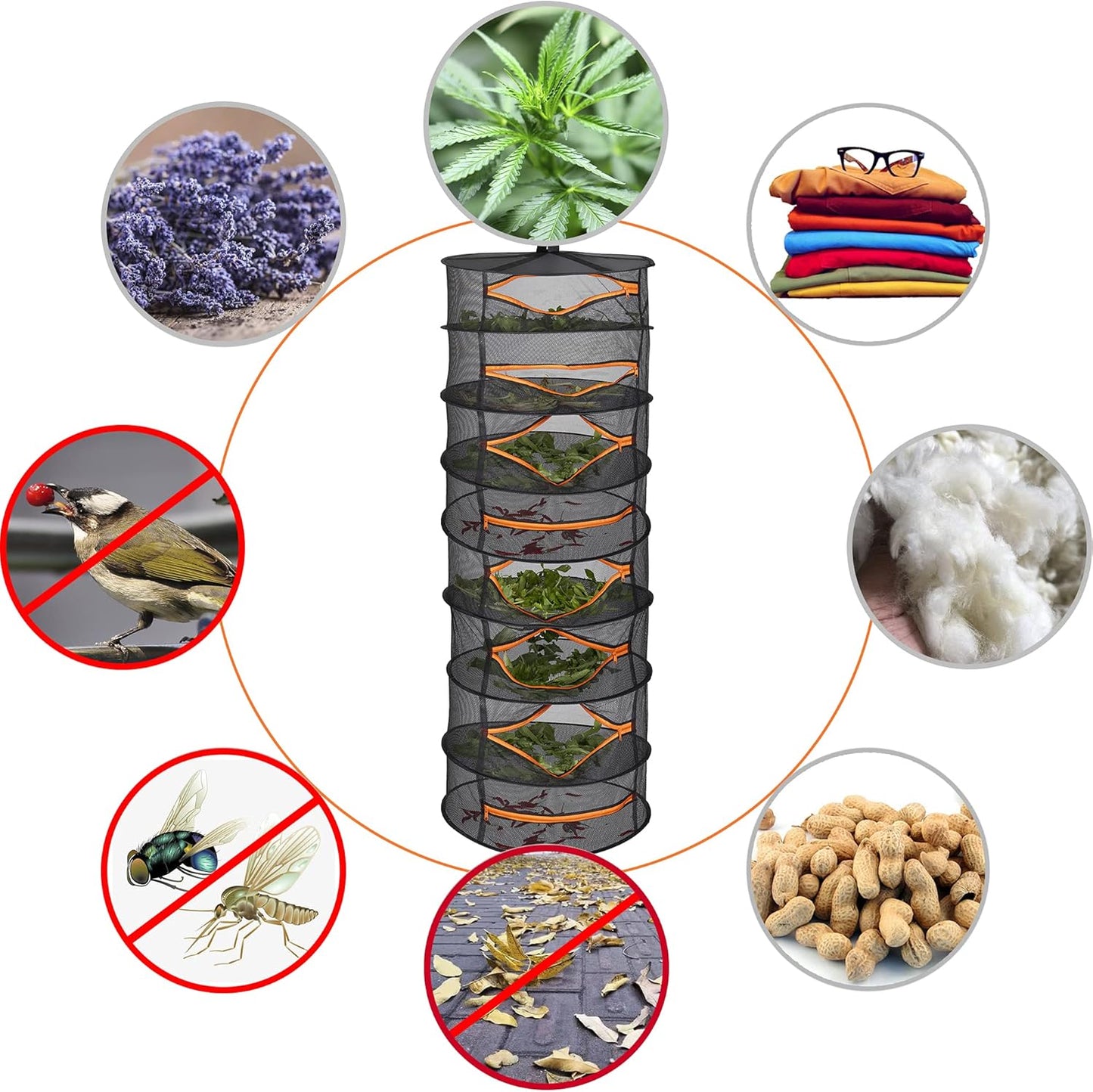 Desy & Feeci Herb Drying Rack-2ft Diameter 8 Layer Folding Mesh Hanging Basket Dryer Net with Zippers for Seeds Flowers Buds Plants Garden Outdoor Bumper Harvest(D24xH31 inch)