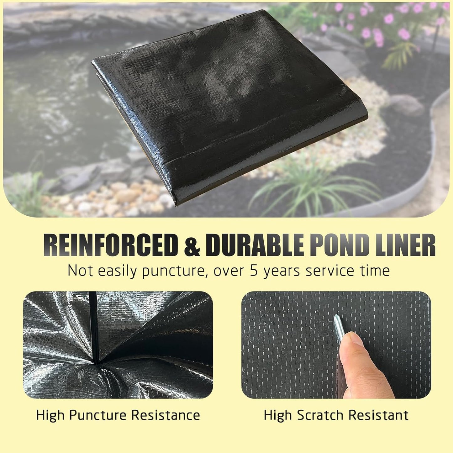 yeezoo 15X20FT Reinforced PE Pond Liner, KOI Pond Liners for Outdoor Ponds, Enhanced 5-Layer Structure Pond Liner for Fish, Duck, Garden Raised Bed and Waterscape Pond(0.82oz/sq ft Thickness)