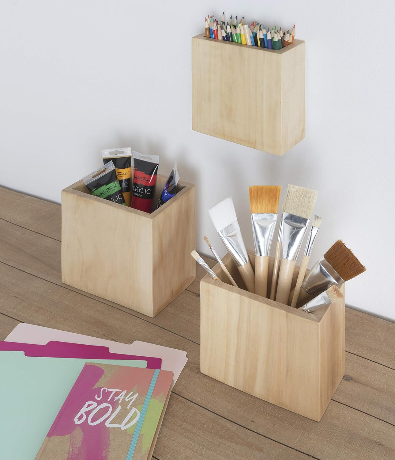 Kate and Laurel Domio Wall Hanging Planter Shelves, Set of 3, Natural Wood, Geometric Nesting Planter Collection