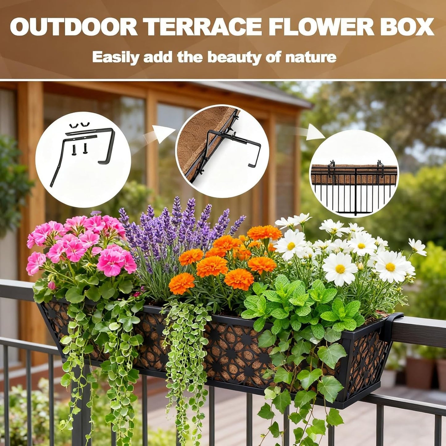 4 Pack 24 Inch Window Box Planters Outdoor,Deck Railing Planter Boxes with Coco Liner,Metal Hanging Window Flower Boxes for Balcony Fence Porch Garden Railing – Outdoor Window Flower Box